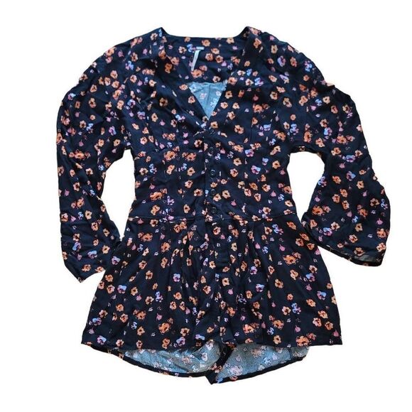 Free People womens Sz 0 black orange LAmour floral romper - Picture 4 of 6